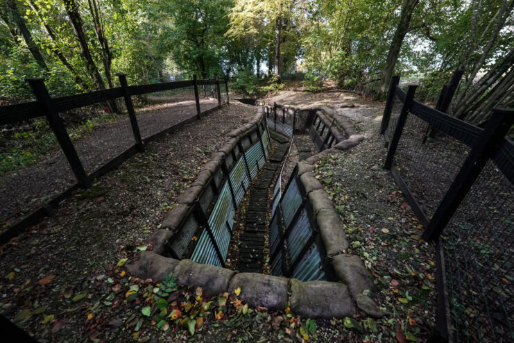 Restored World War I-era trench running along the ground of Thiepval Wood