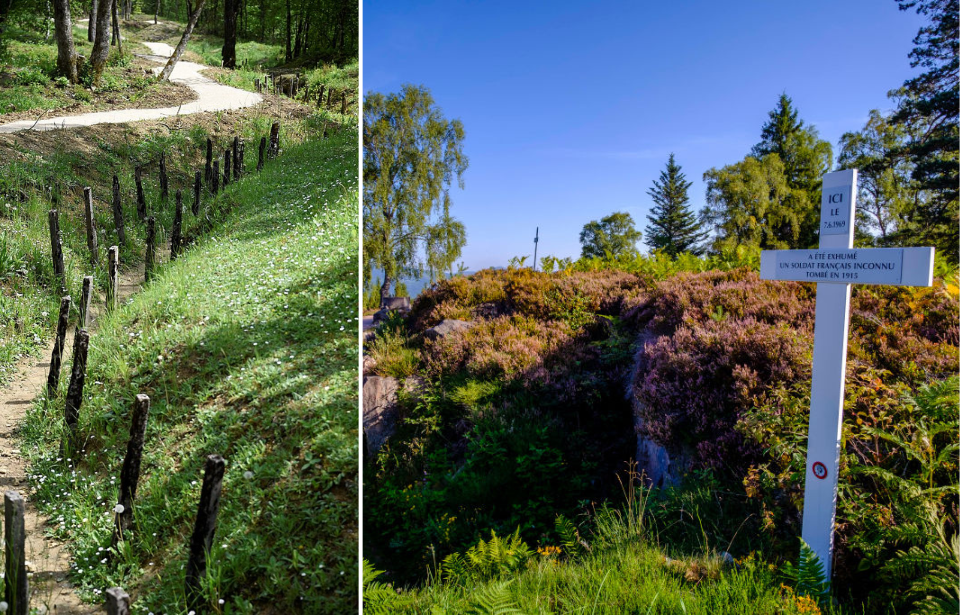 World War I-era trench running along a path + White cross positioned near a World War I-era trench