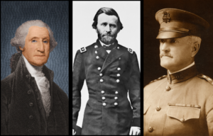 Portraits of George Washington, Ulysses S. Grant, and John J. Pershing.