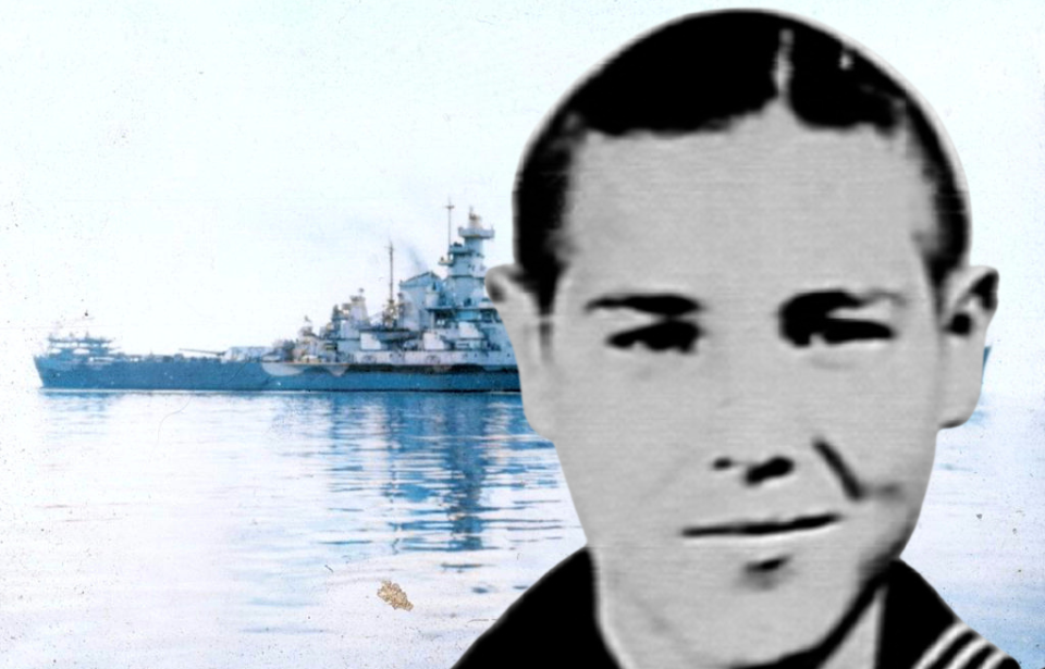 USS South Dakota (BB-57) at sea + Military portrait of Calvin Graham