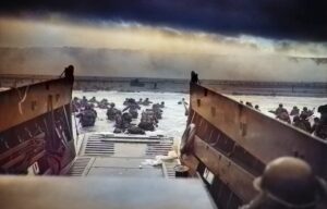 Colorized image "Into the Jaws of Death,' from inside of a boat on D-Day.
