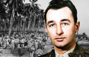 US Marines gathered on a beach on Guadalcanal + Military portrait of Mitchell Paige