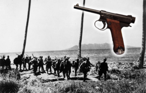 Japanese troops walking on the beach + Nambu pistol