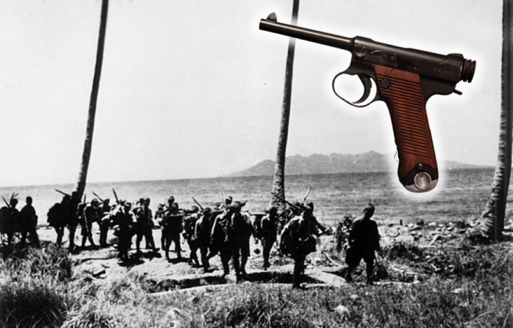 Japanese troops walking on the beach + Nambu pistol