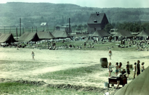 German prisoners of war (POWs) walking around the confines of a Rheinwiesenlager
