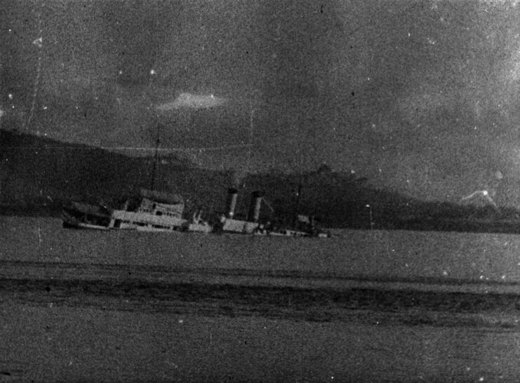 The United States gunboat Panay sinking. Black and white.
