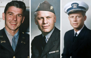 Ronald Reagan standing in his US Army uniform + Military portrait of Gerald Ford + Military portrait of John F. Kennedy