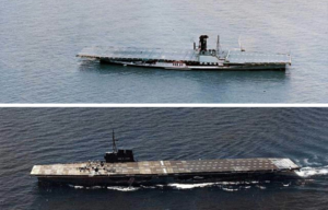 USS Wolverine (IX-64) anchored in Lake Michigan + USS Sable (IX-81) underway in Lake Michigan