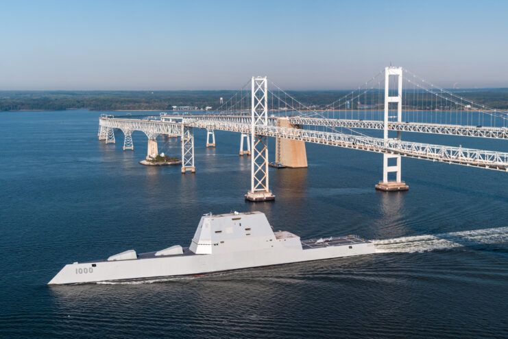 The USS Zumwalt passing Chesapeake Bay Bridge.