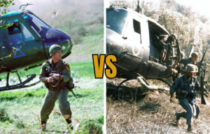 Mel Gibson as Lt. Col. Hal Moore in 'We Were Soldiers' + US cavalrymen disembarking from a helicopter