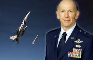 McDonnell Douglas F-15 Eagle deploying an ASM-135 ASAT mid-flight + Military portrait of Wilbert "Doug" Pearson