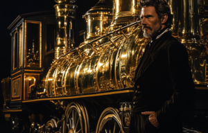 AI rendering of Jefferson Davis standing next to a train made of gold