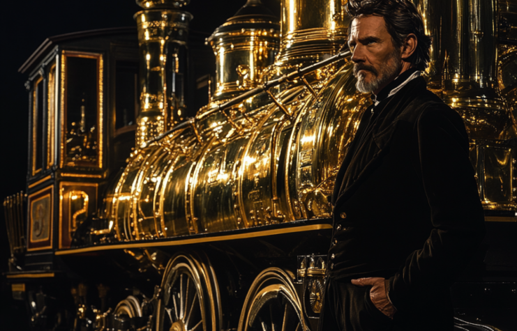 AI rendering of Jefferson Davis standing next to a train made of gold