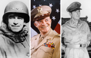 Portrait of Omar Bradley +Portrait of Dwight D. Eisenhower + picture of Douglas MacArthur.