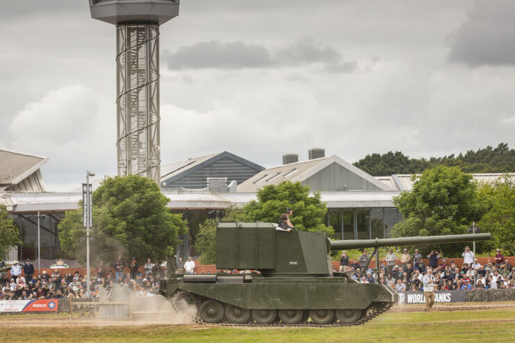 FV4005 driving around an arena