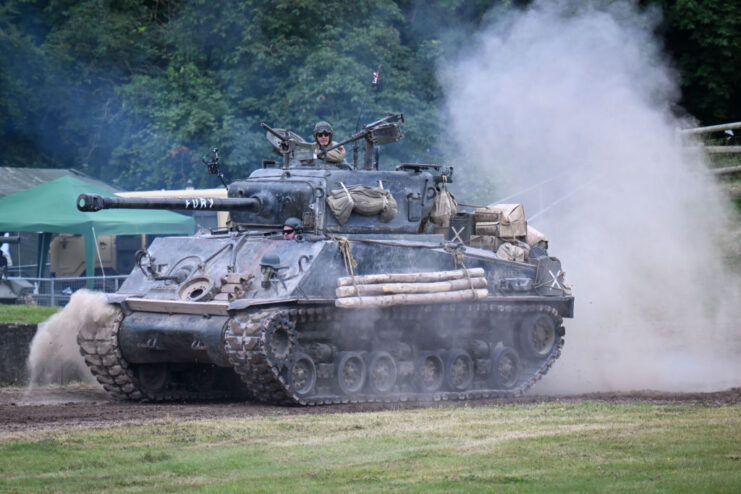 M4A2E8 Sherman 'Fury' driving around an arena