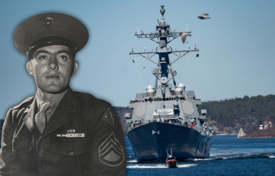 USS John Basilone (DDG-122) transiting through the Kennebec River + John Basilone in his US Marine Corps uniform