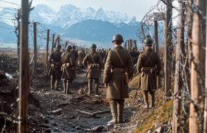 AI rendering of German troops standing near a barbed-wire fence