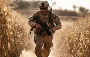 AI rendering of Bryan Budd running through a corn field in full military uniform