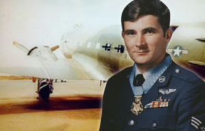 Douglas AC-47 "Spooky" parked on the tarmac + Military portrait of John Levitow