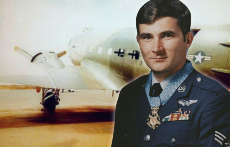 Douglas AC-47 "Spooky" parked on the tarmac + Military portrait of John Levitow