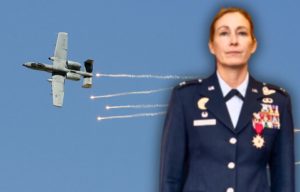 Fairchild Republic A-10 Lightning II dropping flares mid-flight + Kim Campbell standing in her US Air Force uniform