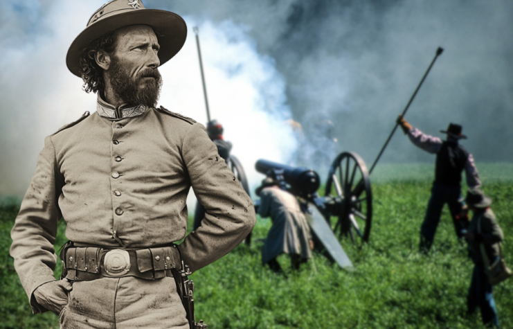 American Civil War re-enactors firing a cannon + AI rendering of Martin Green
