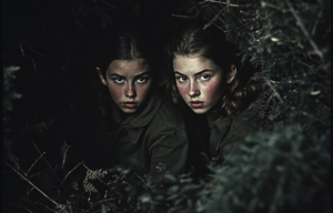 AI rendering of the Oversteegen sisters crouching in a bush at night