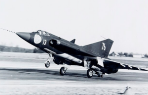 Saab J35 Draken taking off down a runway