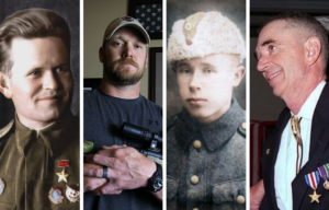 Military portrait of Vasily Zaytsev + Chris Kyle holding a sniper rifle + Military portrait of Simo Häyhä + Carlos Hatchcock standing in a suit