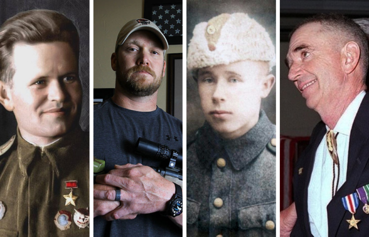 Military portrait of Vasily Zaytsev + Chris Kyle holding a sniper rifle + Military portrait of Simo Häyhä + Carlos Hatchcock standing in a suit
