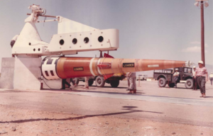 Workers walking around a Sprint anti-ballistic missile (ABM)