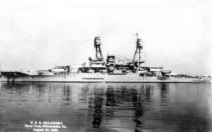 The USS Oklahoma, black and white.