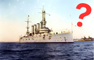 USS San Diego (ACR-6) leaving port + Red question mark