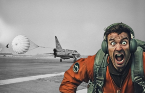 English Electric Lightning landing on a runway + AI rendering of Walter Holden looking panicked