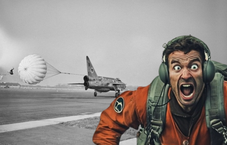 English Electric Lightning landing on a runway + AI rendering of Walter Holden looking panicked