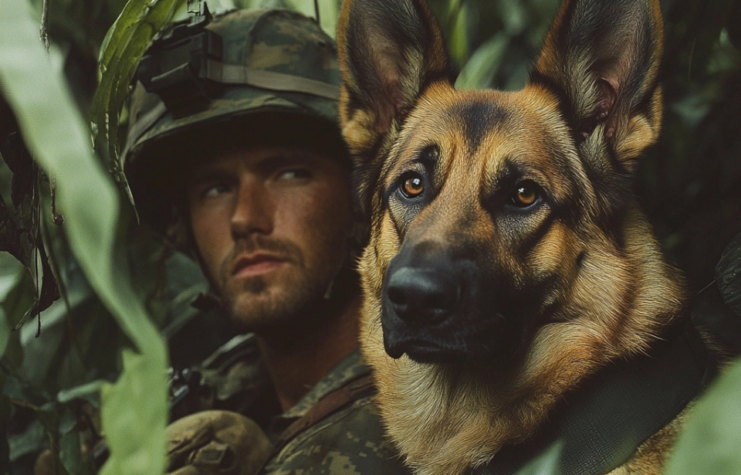 AI rendering of a soldier and a German Shepherd in the Vietnamese jungle