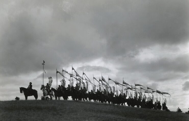 A pageant display put on by men of the Polish Army dressed in the armor of their ancestors as Winged Hussars.