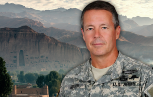 View of a village in Afghanistan + Military portrait of Austin Miller