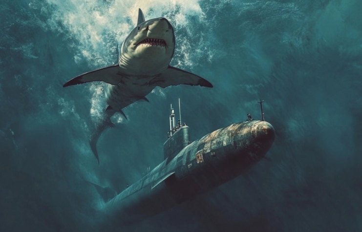 AI rendering of a shark swimming near a submarine
