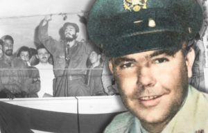Fidel Castro speaking at a microphone, with men standing around him + Military portrait of Lt. Thomas "Pete" Ray