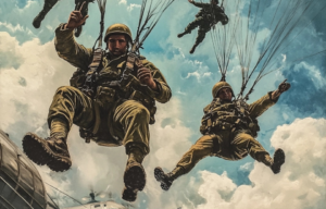 AI rendering of members of the First Special Service Force parachuting in uniform