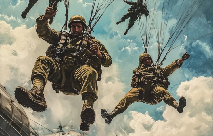 AI rendering of members of the First Special Service Force parachuting in uniform