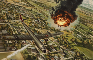 AI rendering of an explosion occurring in a neighborhood, with an aircraft flying nearby