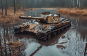 AI rendering of a T-34 half-submerged in water
