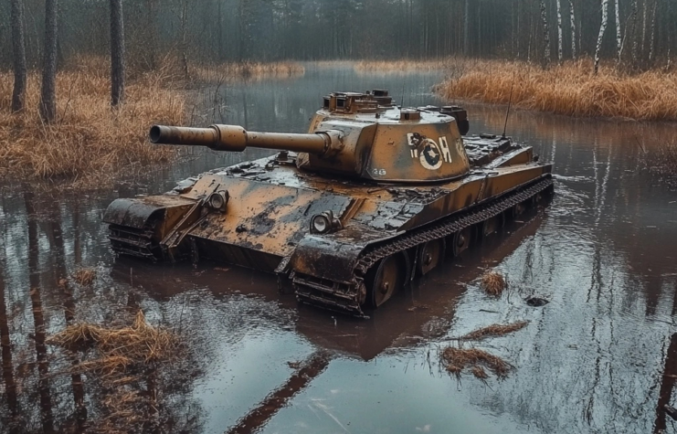 AI rendering of a T-34 half-submerged in water