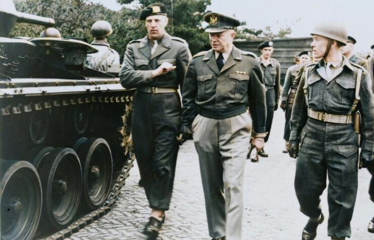 US General Dwight Eisenhower inspecting troops during WWII.