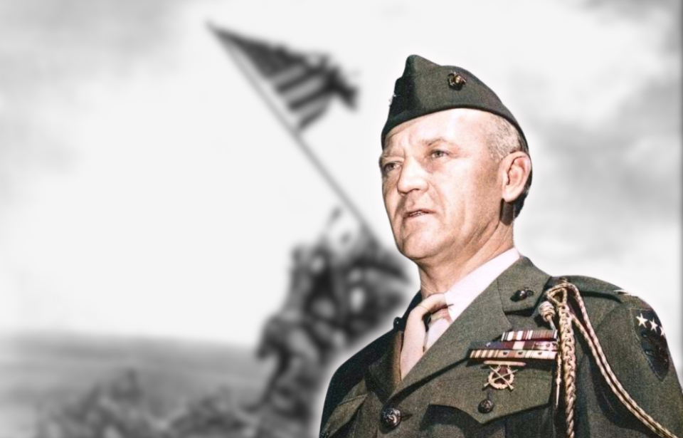 Photo Credits: 1. Joe Rosenthal / Photo 12 / Universal Images Group / Getty Images (blurred in Canva). 2. USMC Archives / From the Holland M. Smith Collection (COLL/2949) at the Marine Corps History Division / Wikimedia Commons CC BY 2.0 Generic. (Colorized by Palette.FM and cropped and background removed in Canva). 