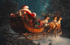 AI rendering of Santa flying his sleigh in the night sky