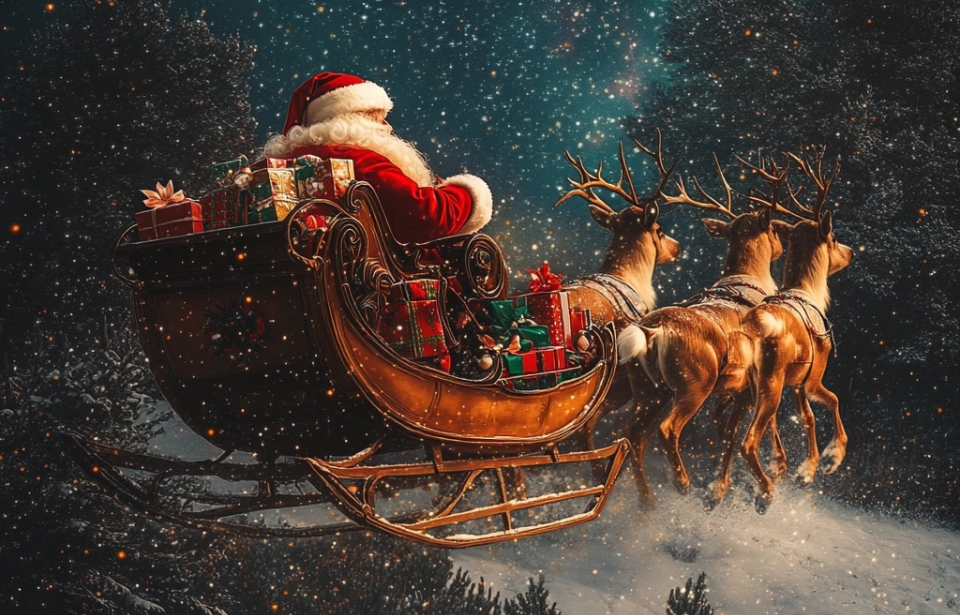 AI rendering of Santa flying his sleigh in the night sky